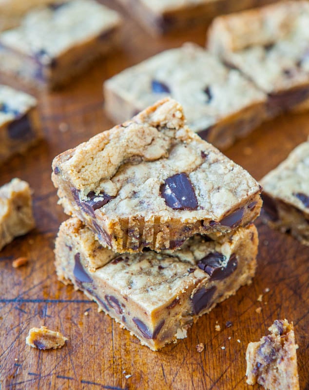 Stacked Peanut Butter Chocolate Chunk Cookie Bars with bite taken out of one