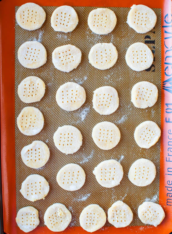 overhead view of unbaked wafer cookies on a baking tray 