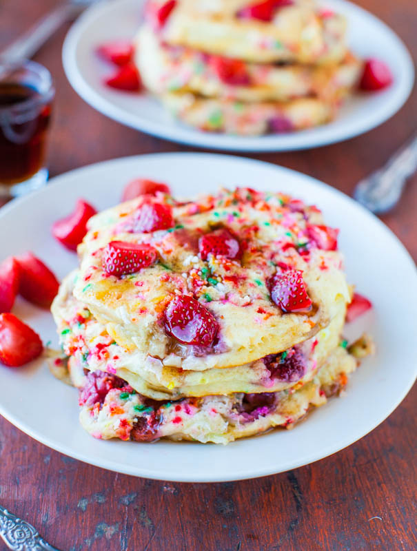 the best Buttermilk Pancakes with strawberries and sprinkles