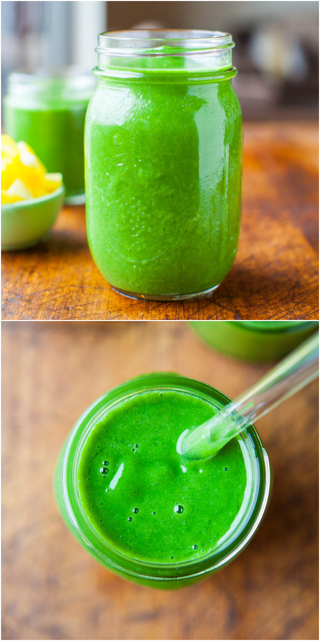Tropical Green Smoothie (vegan, GF) - Tastes like a Pina Colada. Sweet, creamy, healthy & gives me more energy than coffee! Easy 2-minute recipe at averiecooks.com