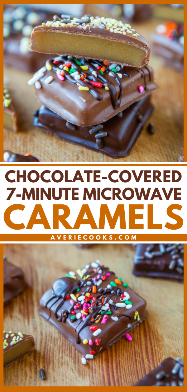 Chocolate-Covered 7-Minute Microwave Caramels are rich, buttery, creamy, sweet, and softly flavored with vanilla. They’re the perfect balance of soft-yet-firm and just melt in your mouth. I’ll put them up against fancy candy shop caramels. You’ll never need another candy shop caramel or recipe for homemade caramels after trying these. And they’re so easy.
