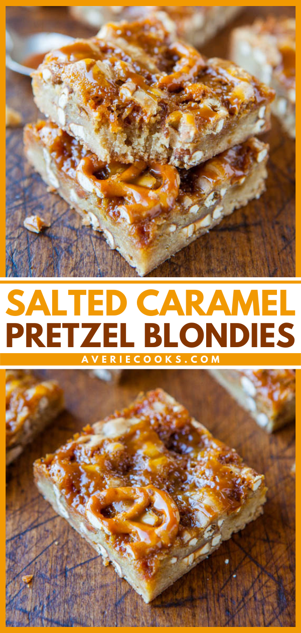 Salted Caramel Pretzel Blondies - Salty-and-sweet, soft and crunchy. If you enjoy contrasting flavors and textures, these easy blondies are just for you.