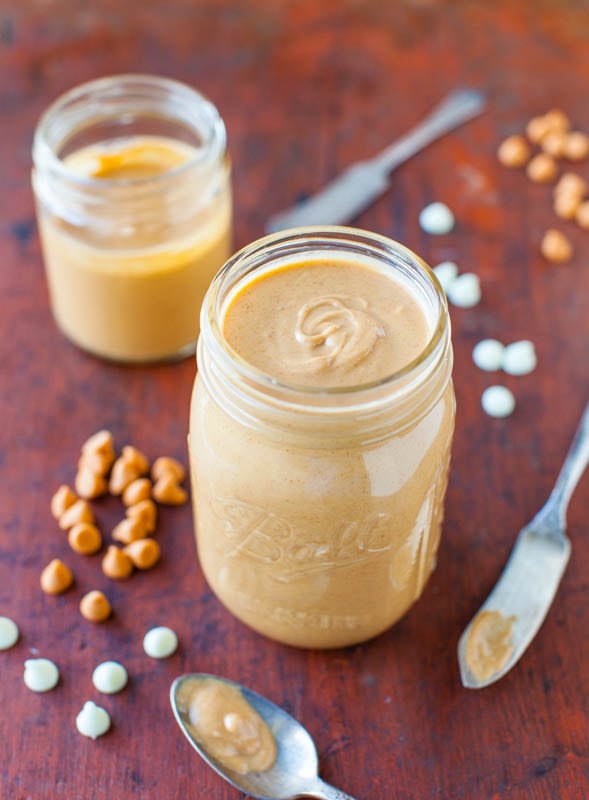 Two jars of Honey Roasted Butterscotch White Chocolate Peanut Butter