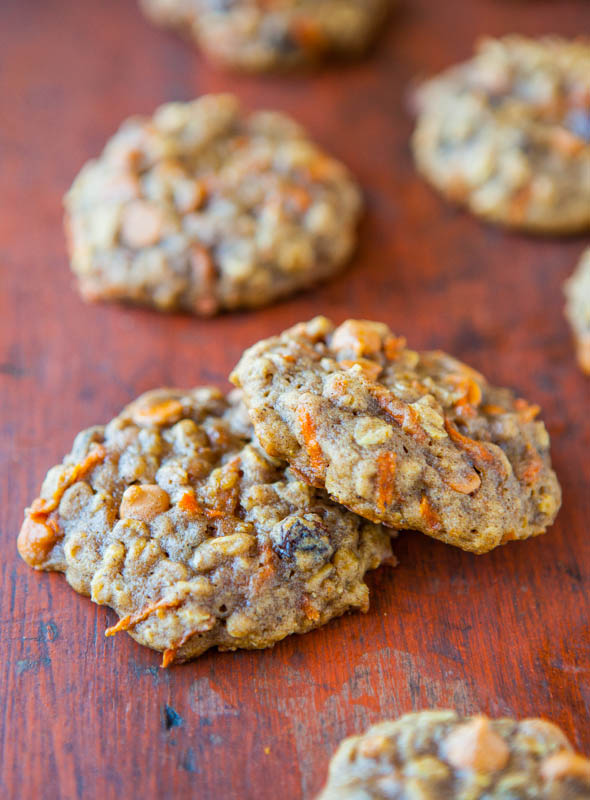 Spiced Carrot Cake Cookies — All the flavors of richly spiced carrot cake, but in cookie form! Soft, chewy, extremely moist, and not at all cakey.
