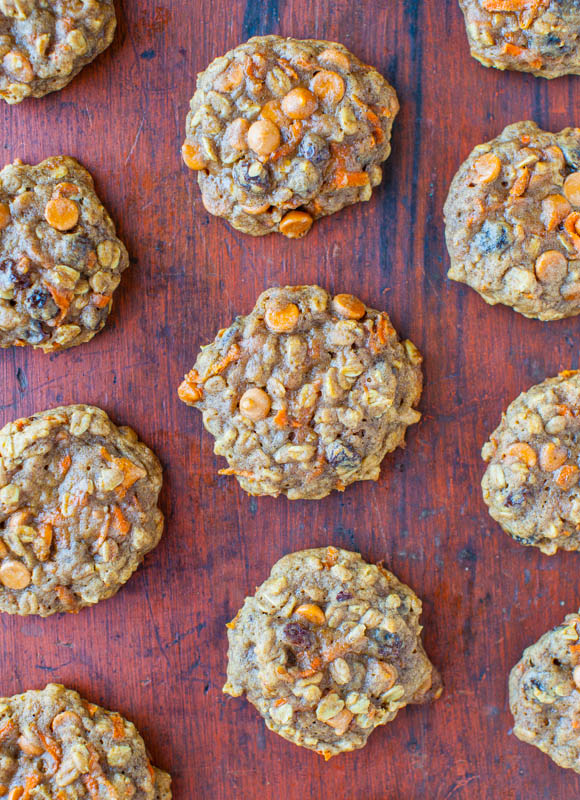 Spiced Carrot Cake Cookies — All the flavors of richly spiced carrot cake, but in cookie form! Soft, chewy, extremely moist, and not at all cakey.