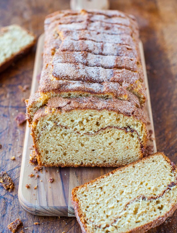 sliced loaf of Cinnamon-Sugar Crust Cinnamon Swirl Bread