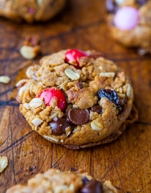 Up close of one Trail Mix Peanut Butter Cookie