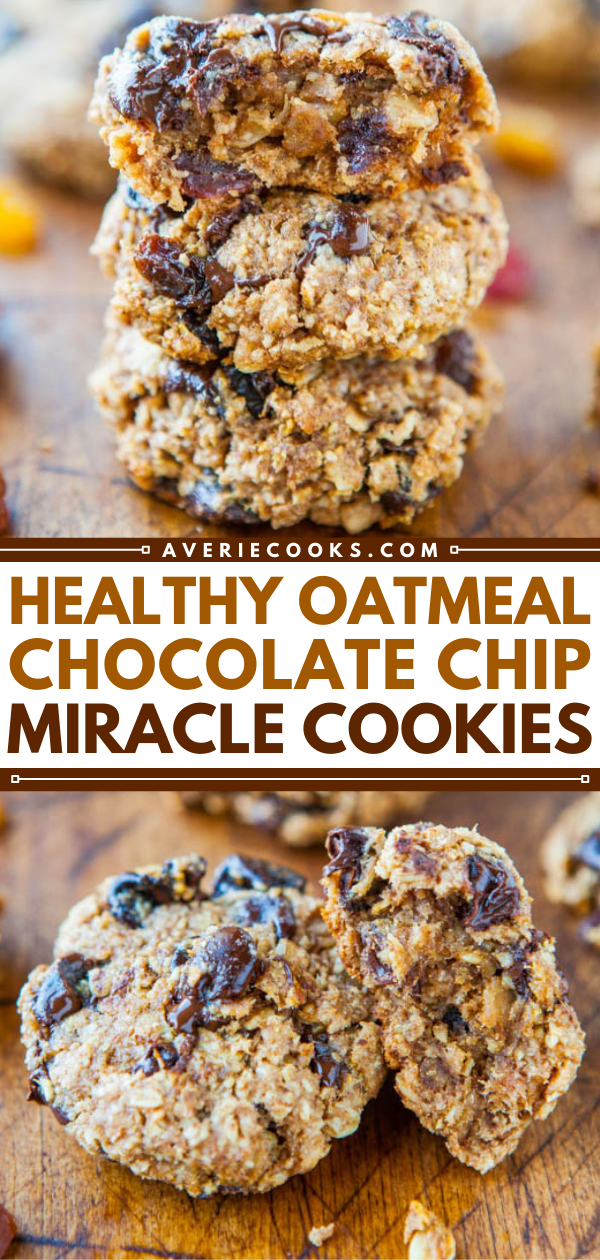 Chocolate Chip Healthy Oatmeal Cookies — These are without a doubt the healthiest cookies I've ever made. And some of the fastest and easiest. And they taste SO GOOD, making them the most miraculous.
