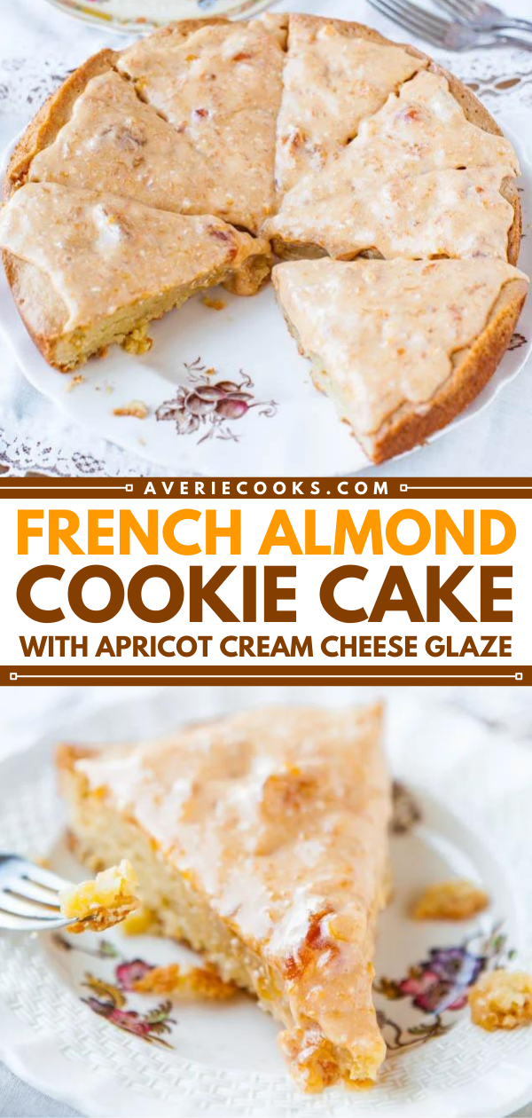 French Almond Cookie Cake with Apricot Cream Cheese Glaze is sweet, fragrant, rich, soft, chewy and strongly almond-flavored. Extremely fast, easy, and perfect for a brunch, shower, or anytime you need a smaller-sized cake that’s both easy and unique.