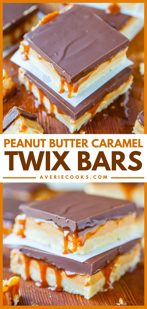 Peanut Butter Caramel Twix Bars are buttery, snappy, creamy, smooth, peanut buttery, dense, rich, gooey, velvety, and chocolaty. They’re like a marriage of Peanut Butter Twix and Tagalongs, in bar form, and they’re irresistible!