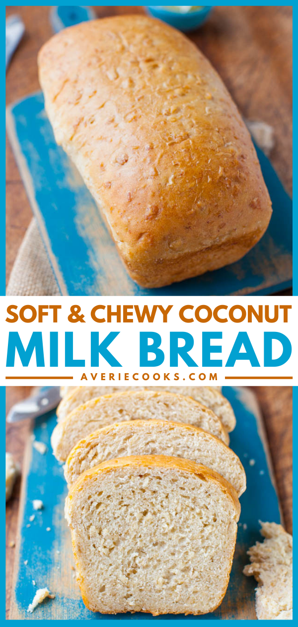 Soft and Chewy Coconut Milk Bread is so soft, fluffy, tender, and moist, thanks to the coconut milk, coconut oil, and oatmeal that’s kneaded right into the dough. Total time from start to finish is about 4 hours, most of which is downtime.