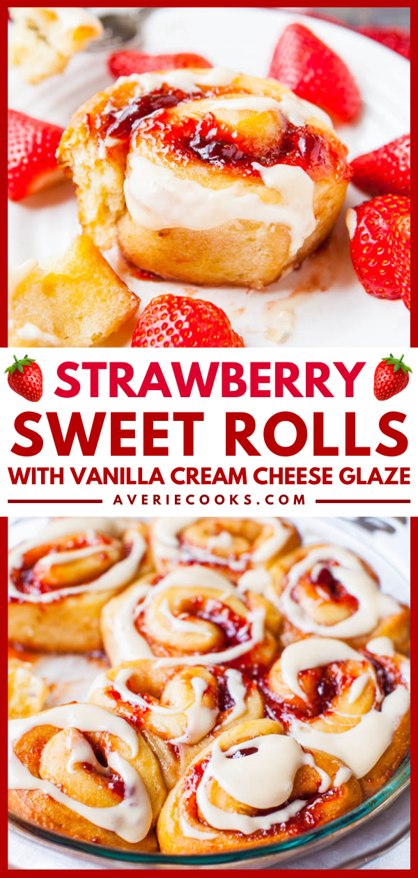 Strawberry Sweet Rolls with Vanilla Cream Cheese Glaze is soft, sweet, fluffy rolls filled with strawberry jam and topped with a sweet and tangy cream cheese glaze are my idea of a great morning. The rolls are soft, buttery, tender and can be made as an overnight/make-ahead option so all you have to do in the morning is bake them, pour a cup of coffee, and get ready to enjoy sweet, ooey-gooey, fresh rolls.