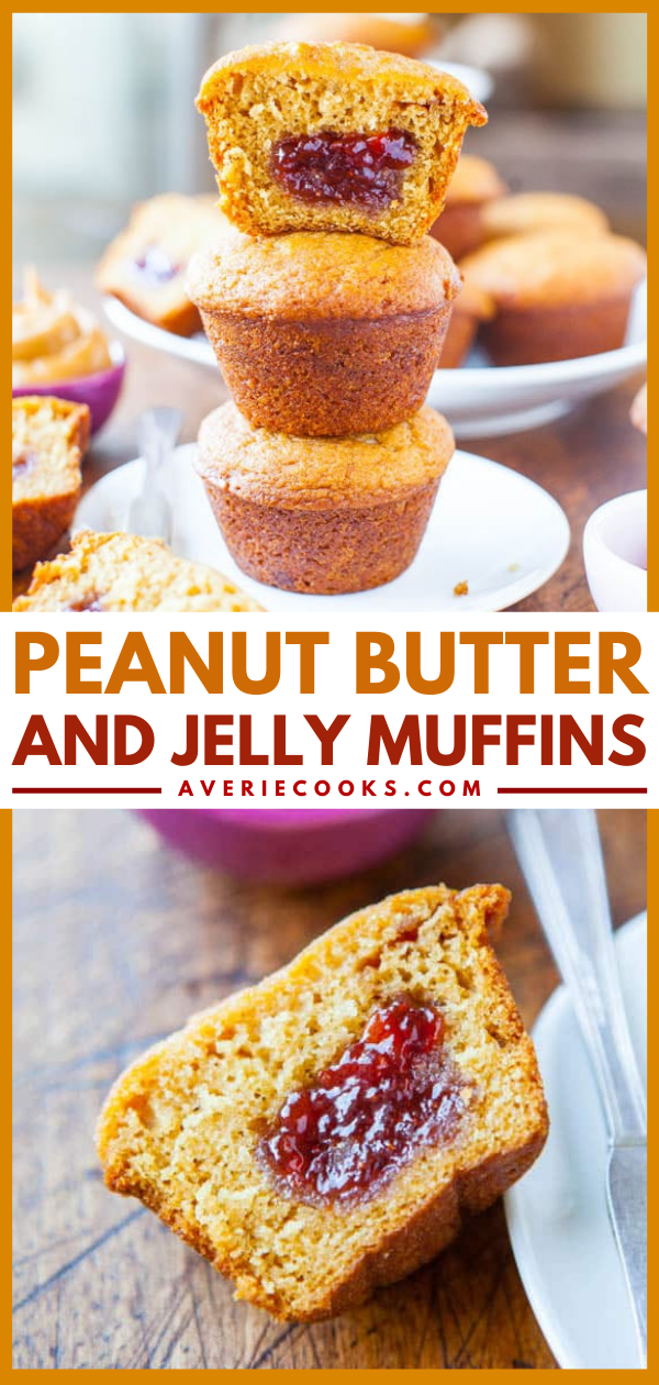 Peanut Butter and Jelly Muffins - Soft, fluffy, peanut butter-scented muffins are filled with sweet, strawberry jelly, creating a fun twist on PB&J. They’re fast and easy to make, and come together with just one bowl and a whisk. Biting into a tender muffin and hitting an unexpected patch of jelly is the best kind of surprise.
