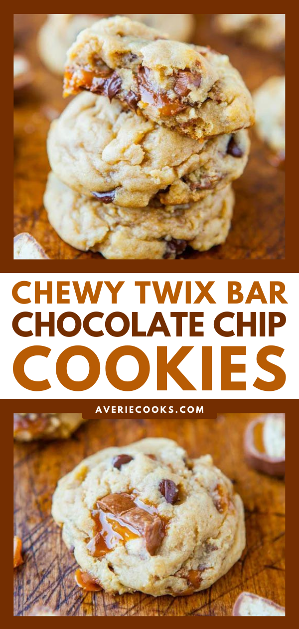 Twix Cookies — My favorite chocolate chip cookies, but stuffed with Twix! Soft, chewy, and look at all that gooey caramel! Perfect for using up leftover Halloween candy, or making just because! 