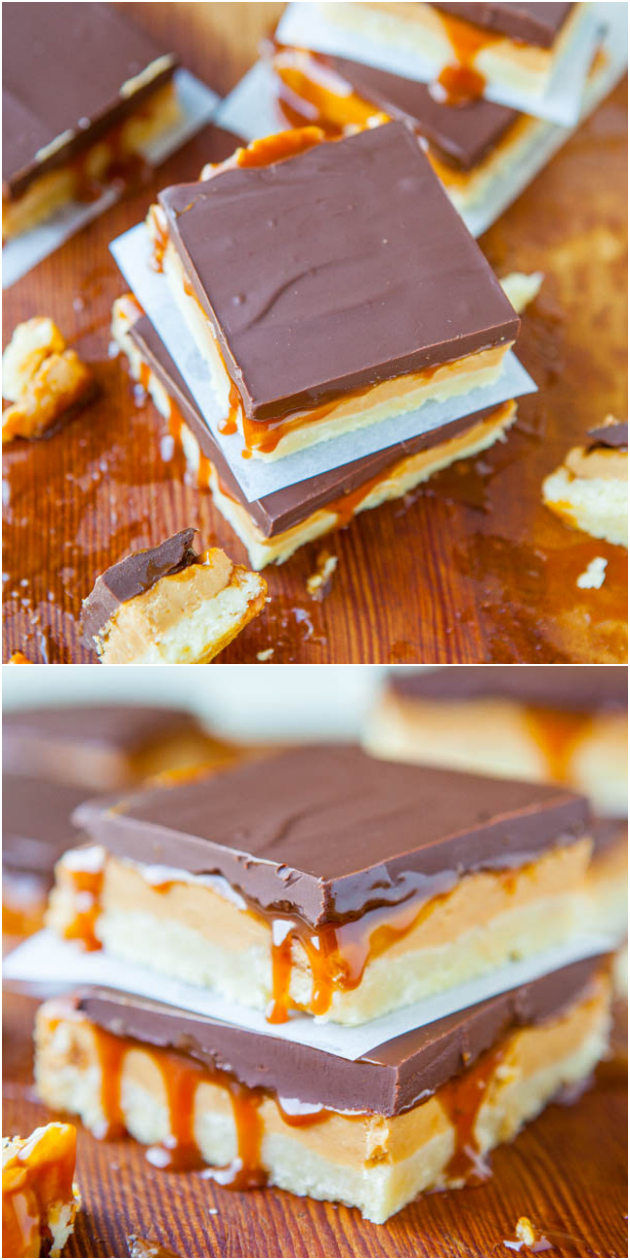 Peanut Butter Caramel Twix Bars - DIY Twix Bars with a layer of peanut butter & just dripping with salted caramel!