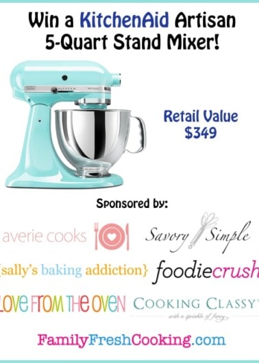 Enter to win a kitchenaid artisan 5-quart stand mixer valued at $349, sponsored by various cooking blogs.
