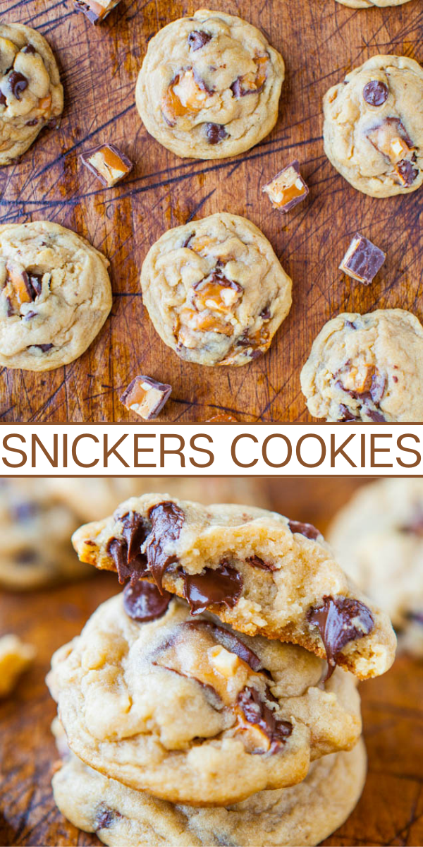 Soft and Chewy Snickers Cookies — Soft, moist, and tender in the interior with perfectly chewy edges! Calling all Snickers candy bar fans, these are for you! Save this recipe when you have extra candy on hand from Halloween or the holidays! 