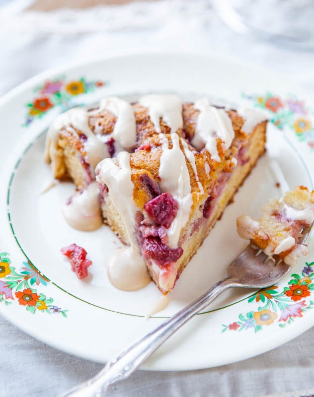 Slice of Strawberries and Cream Coffee Cake on a white flowered plate 
