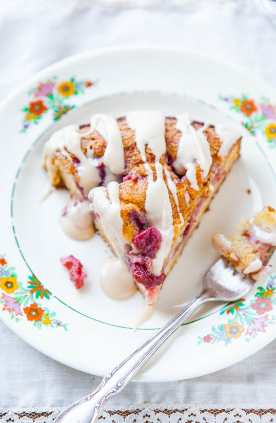 Strawberry Coffee Cake with Vanilla Cream Cheese Glaze — Sweet, juicy strawberries are found in every bite, and the cream cheese glaze is the perfect tangy complement to the creamy, sweet cake.