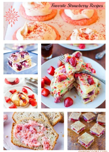 A collage of various strawberry dessert recipes including frosted cookies, a layered dessert bar, strawberry-topped french toast, and a loaf of strawberry bread.