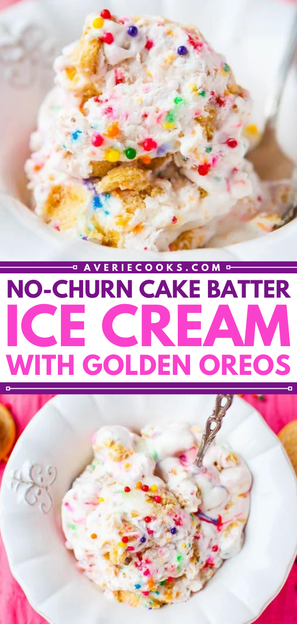 This Cake Batter Ice Cream is packed with sprinkles and Golden Oreos. It's rich, creamy, and fluffy, but it's made without an ice cream maker! 