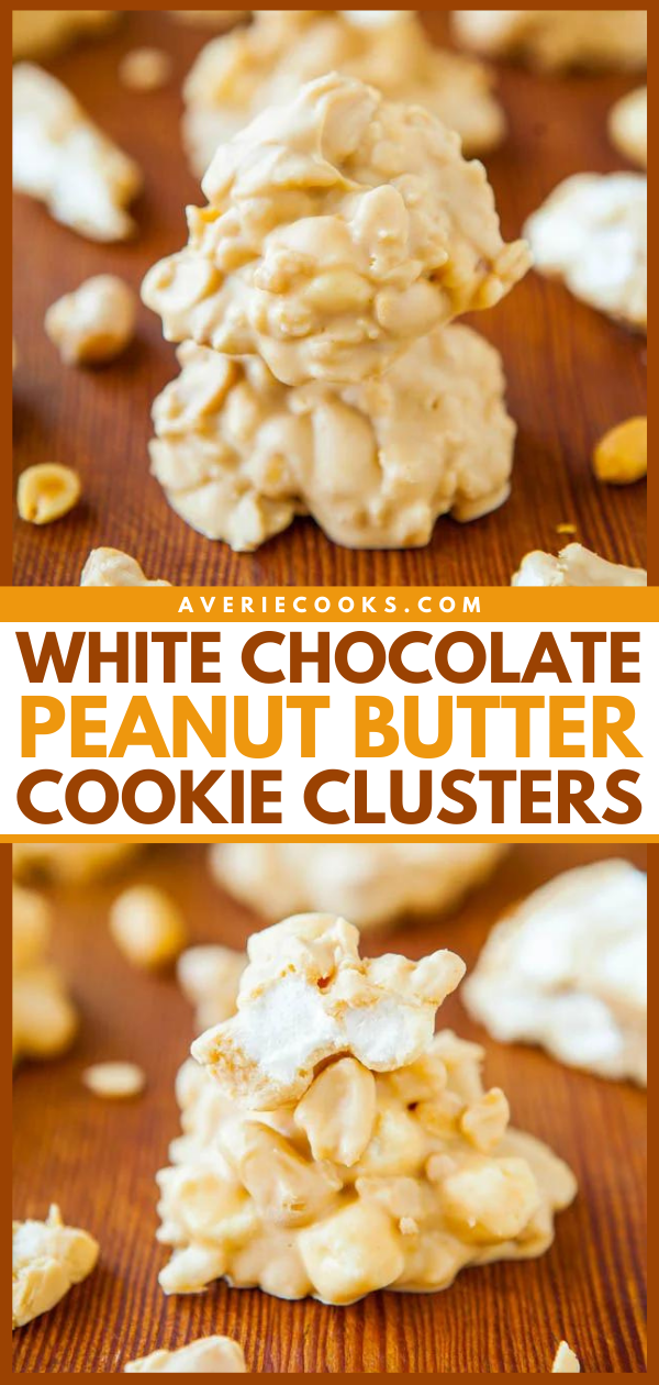 White Chocolate Peanut Butter Cookie Clusters are dense yet light, crispy, crunchy, chewy, and very addictive. I give them a 1 on work, 10 on reward. I wish all cookie recipes delivered those results.