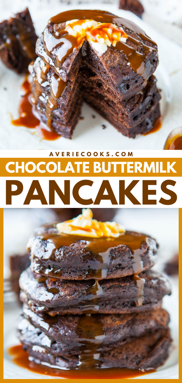 Chocolate Buttermilk Pancakes with Homemade Salted Caramel Sauce - Chocolate and caramel is a match made in heaven and makes for a special breakfast treat. The soft, light, fluffy, moist buttermilk pancakes are the perfect sponges for the sweet and lightly salted caramel sauce.