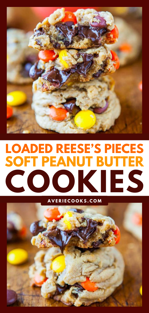Peanut Butter Reese's Pieces Cookies — These Reese's Pieces cookies are are LOADED with Reese’s Pieces and oozing, melted chocolate chips. Perfect any time of year!