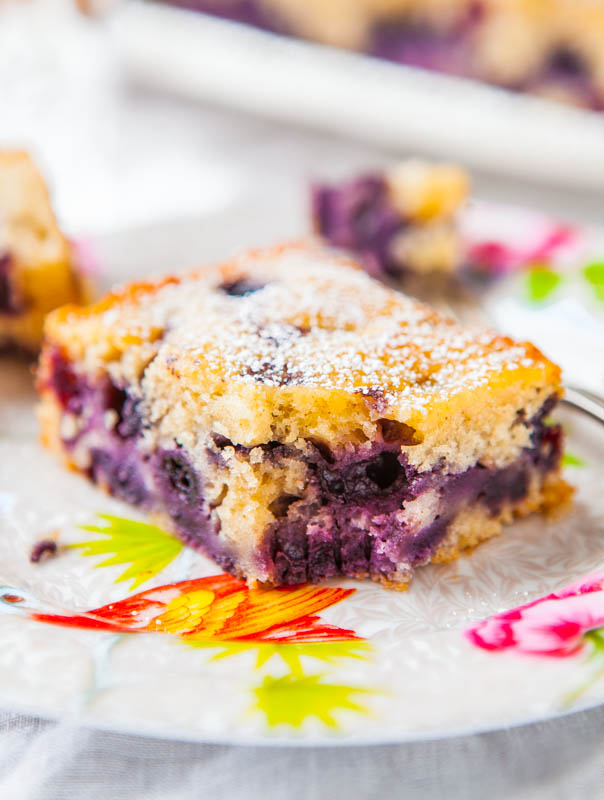 Blueberry Muffin Cake — This fast and easy cake tastes like a big buttermilk pancake that ran into a blueberry muffin on the way to the oven. It’s fluffy, tender, and moist from both the buttermilk and sour cream that’s incorporated into the batter!