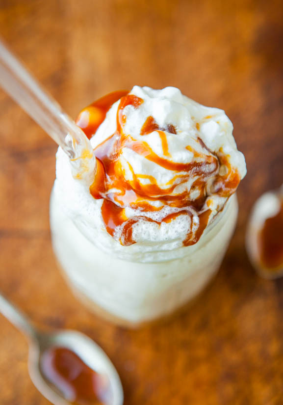 Skinny Caramel Frappuccino topped with whipped cream and caramel sauce