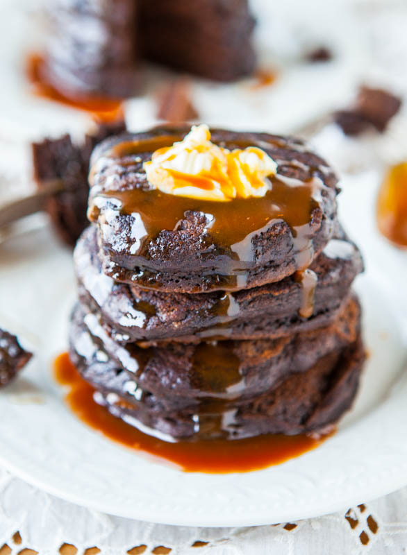 Chocolate Buttermilk Pancakes with Homemade Salted Caramel Sauce - Recipe at averiecooks.com