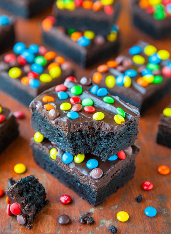 Homemade Cosmic Brownies topped with mini M&M's
