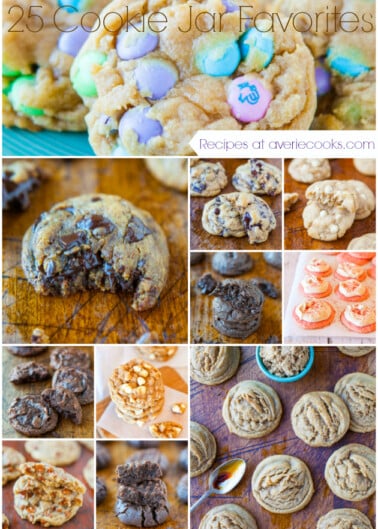 A collage showcasing a variety of cookies, highlighting "25 cookie jar favorites" with recipes from a cooking website.