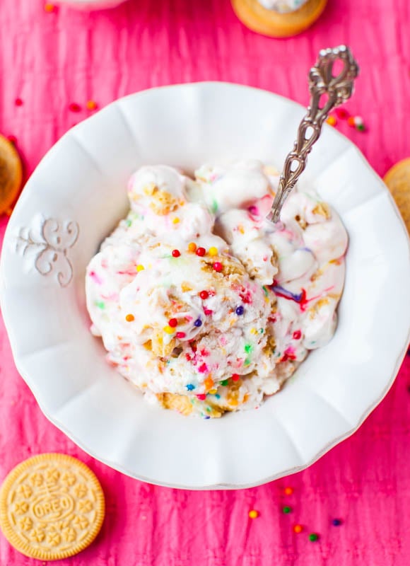 Cake Batter Ice Cream in white bowl with a spoon 