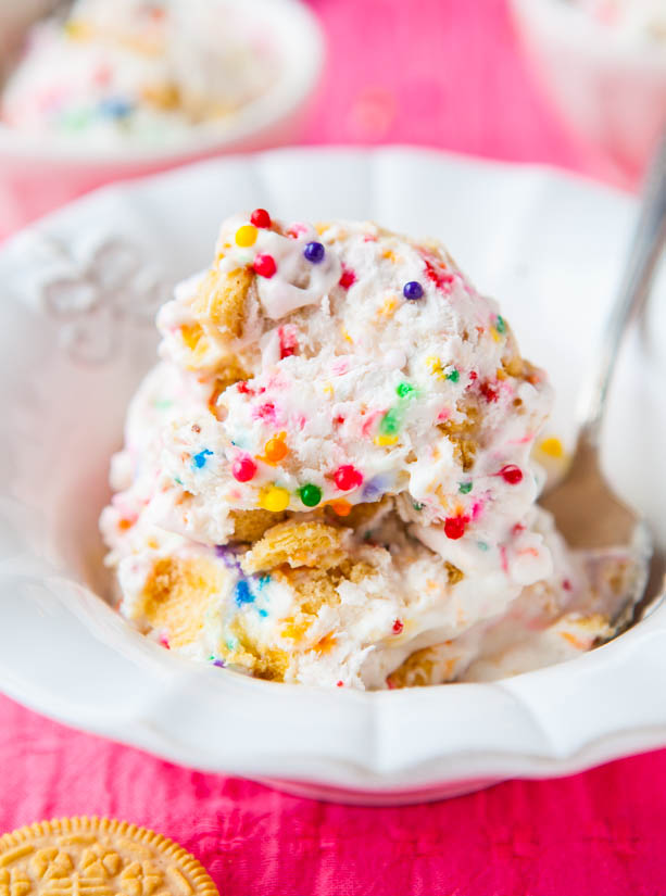 close up of Cake Batter Ice Cream in white bowl