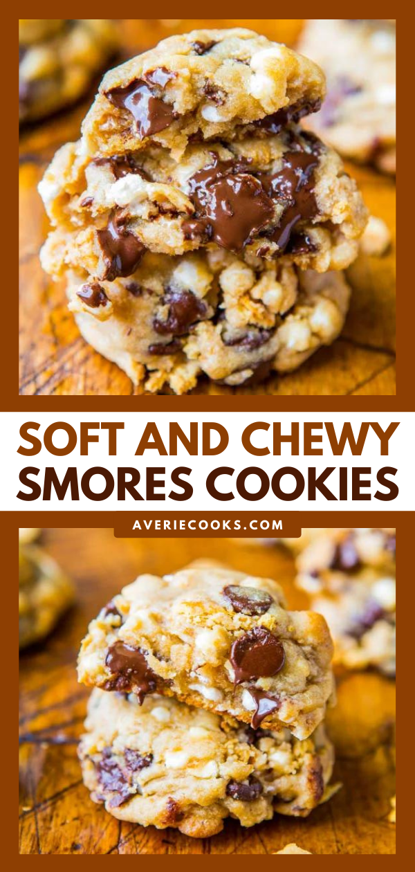 Soft and Chewy S'mores Cookies — Loaded with chocolate, marshmallows, and graham crackers!! The best s'mores you'll ever eat and no campfire required!!