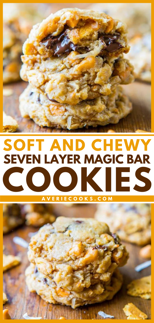 7 Layer Cookies — These 7 layer cookies are loaded with graham crackers, coconut, butterscotch chips, and chocolate chips. Chewy around the edges, but soft in the center!
