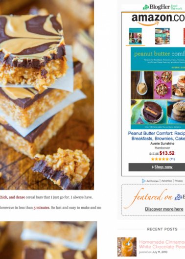 A screenshot of a recipe blog featuring peanut butter dessert bars, with a focus on an article about a book titled "peanut butter comfort.
