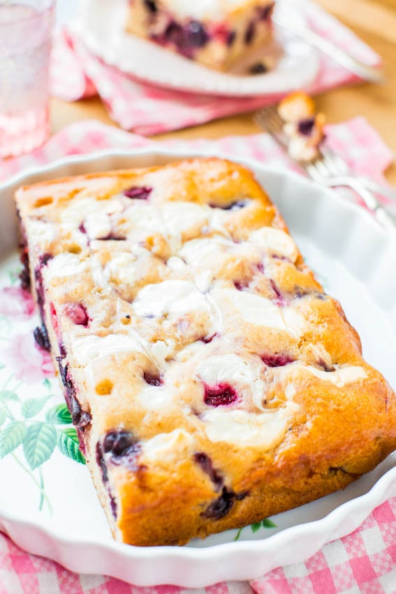 Cream Cheese-Swirled Mixed Berry Cake — No mixer is needed for this easy mixed berry cake, which is as simple as making muffins! A mix of fresh or frozen fruit can be used, perfect for using up what’s seasonal or what you have on hand.