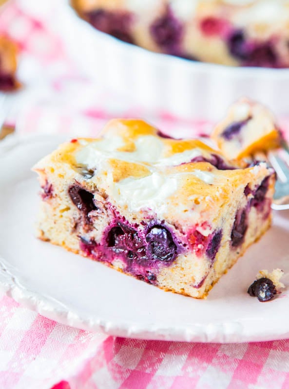 Cream Cheese-Swirled Mixed Berry Cake — No mixer is needed for this easy mixed berry cake, which is as simple as making muffins! A mix of fresh or frozen fruit can be used, perfect for using up what’s seasonal or what you have on hand.