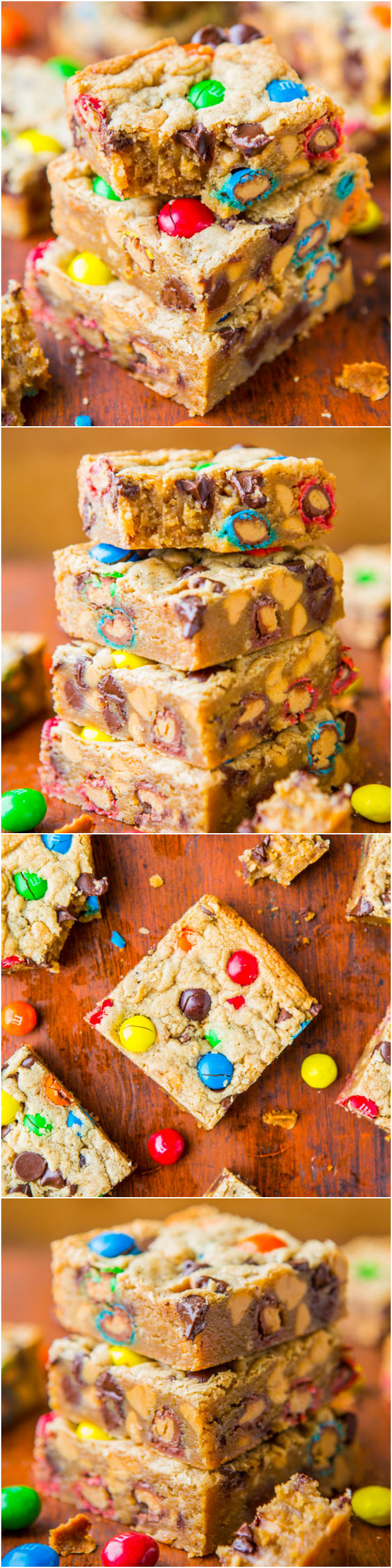 Triple Peanut Butter Monster Cookie Bars - Soft, gooey bars loaded with M&Ms, chocolate and made for serious peanut butter lovers! So good!