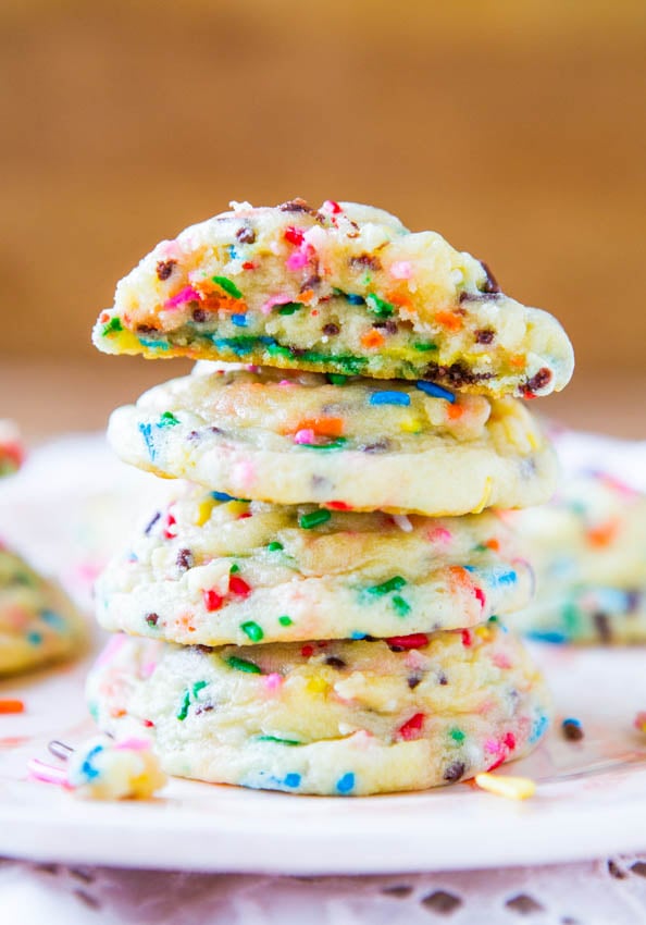 stack of Funfetti Cookies on white plate