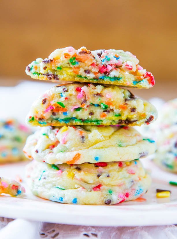 Funfetti Sugar Cookies stack on a white plate 
