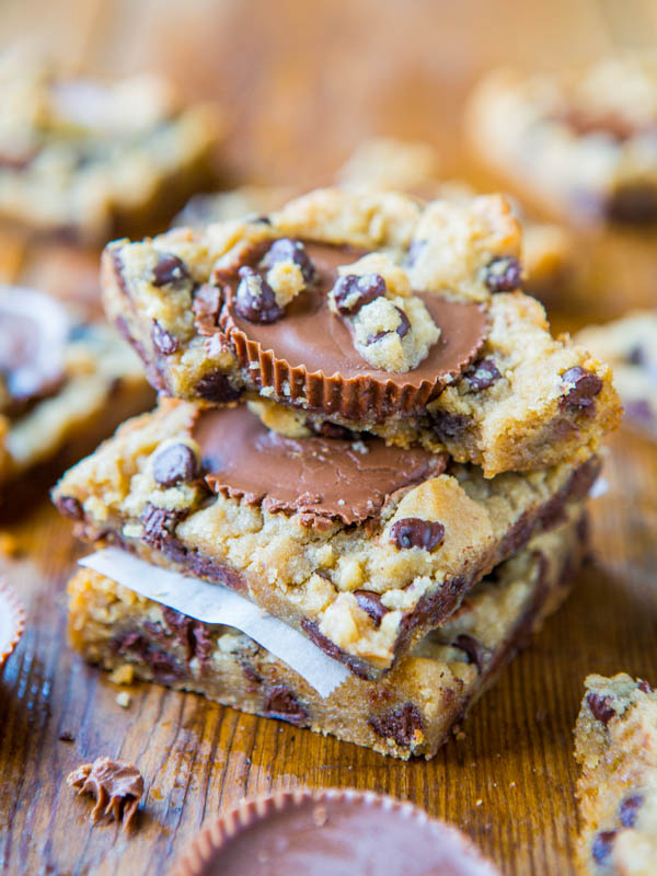 Two-Ingredient Peanut Butter Cup Chocolate Chip Cookie Dough Bars (Gluten-Free) - Easy Recipe at averiecooks.com