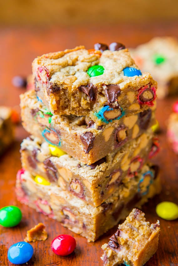 Triple Peanut Butter Monster Cookie Bars - Easy One-Bowl Recipe at averiecooks.com