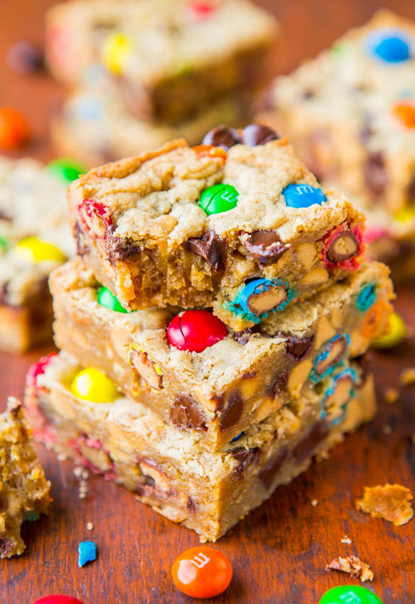 Triple Peanut Butter Monster Cookie Bars - Easy One-Bowl Recipe at averiecooks.com