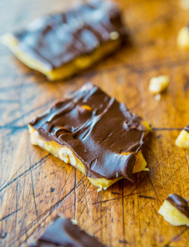 Chocolate-Covered Microwave Peanut Brittle (GF) - Ready in 9 minutes! Recipe at averiecooks.com