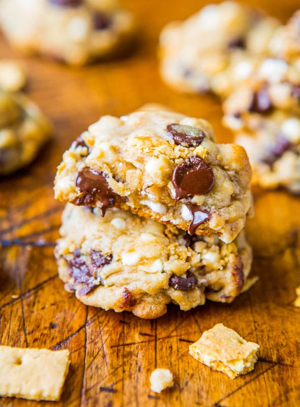 Soft and Chewy Smores Cookies - Loaded with chocolate, marshmallows, and graham crackers!! The best smores you'll ever eat and no campfire required!!