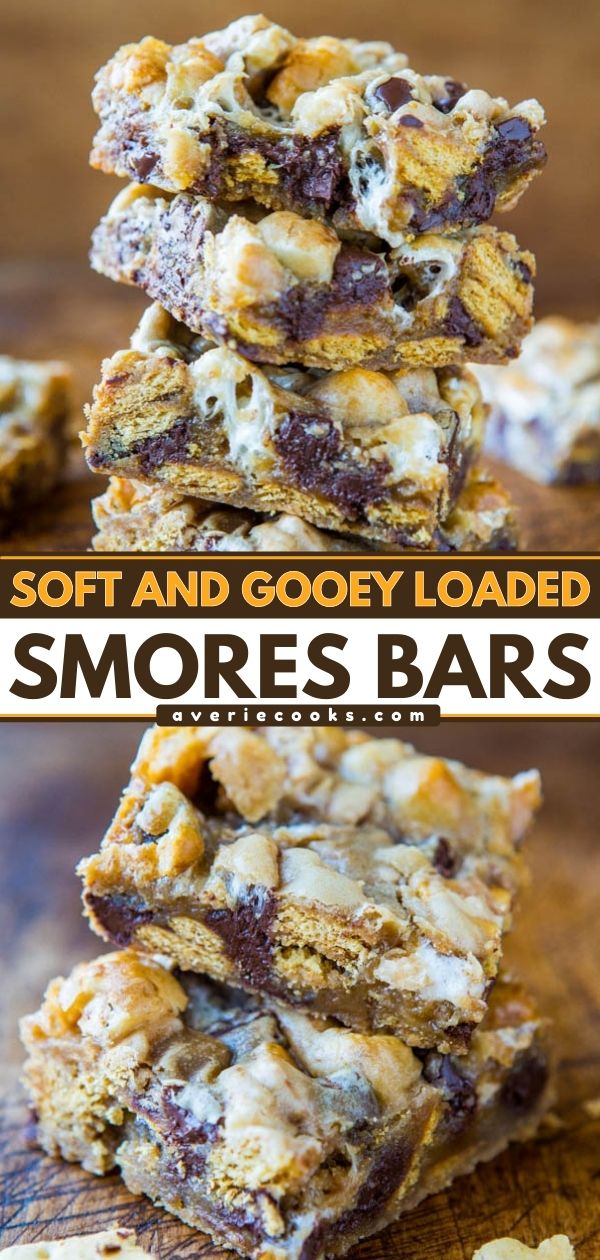 Soft and Gooey Loaded S'mores Bars — No campfire required for these soft, gooey, rich s'mores bars that are loaded with texture and flavor! The combination of chocolate, graham crackers, and marshmallows, all suspended in a buttery, brown-sugar based dough, is just magical.