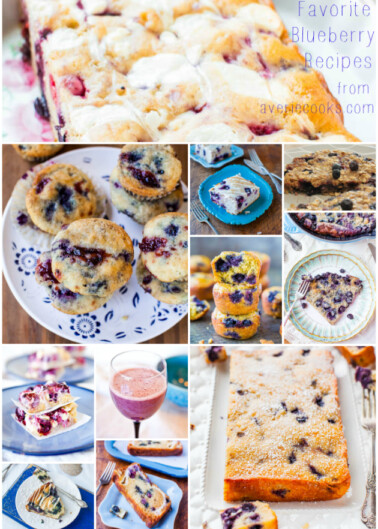 A collage of various blueberry dessert recipes.
